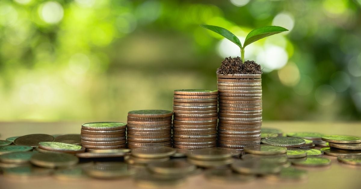 stack of coins staircasing upward toward a small plan growing