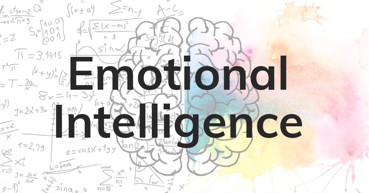 the words Emotional Intelligence on top of an image of the two sides of the brain, one analytical with math and the other colorful with paint splatters