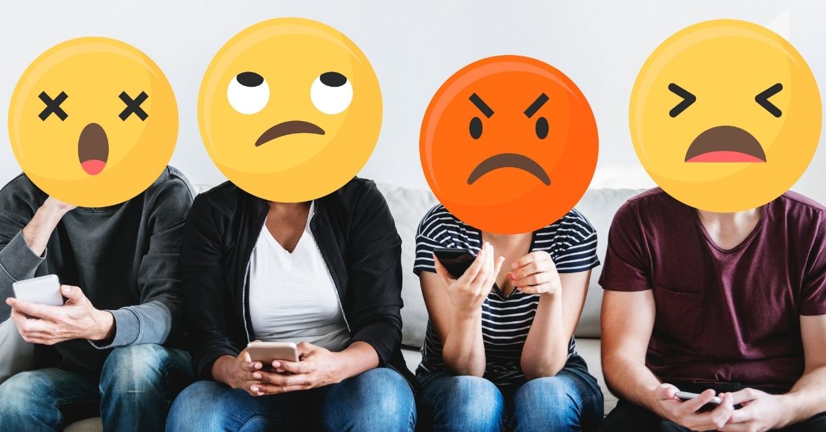 people sitting on a couch on their phones with different emoji faces covering their faces. there's an eye rolling emoji and an angry face emoji in plain sight